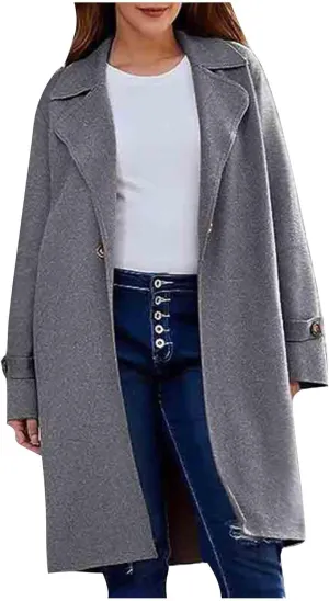 Winter Wool Blend Mid-Long Trench Coat for Women Notch Single-Breasted Oversized Lapel Lightweight Jacket Outwear