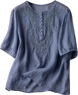 Women Cotton Linen Tops Vintage Floral Embroidered Shirts Summer Casual Long Sleeve V Neck Baggy Boho Peasant Blouse