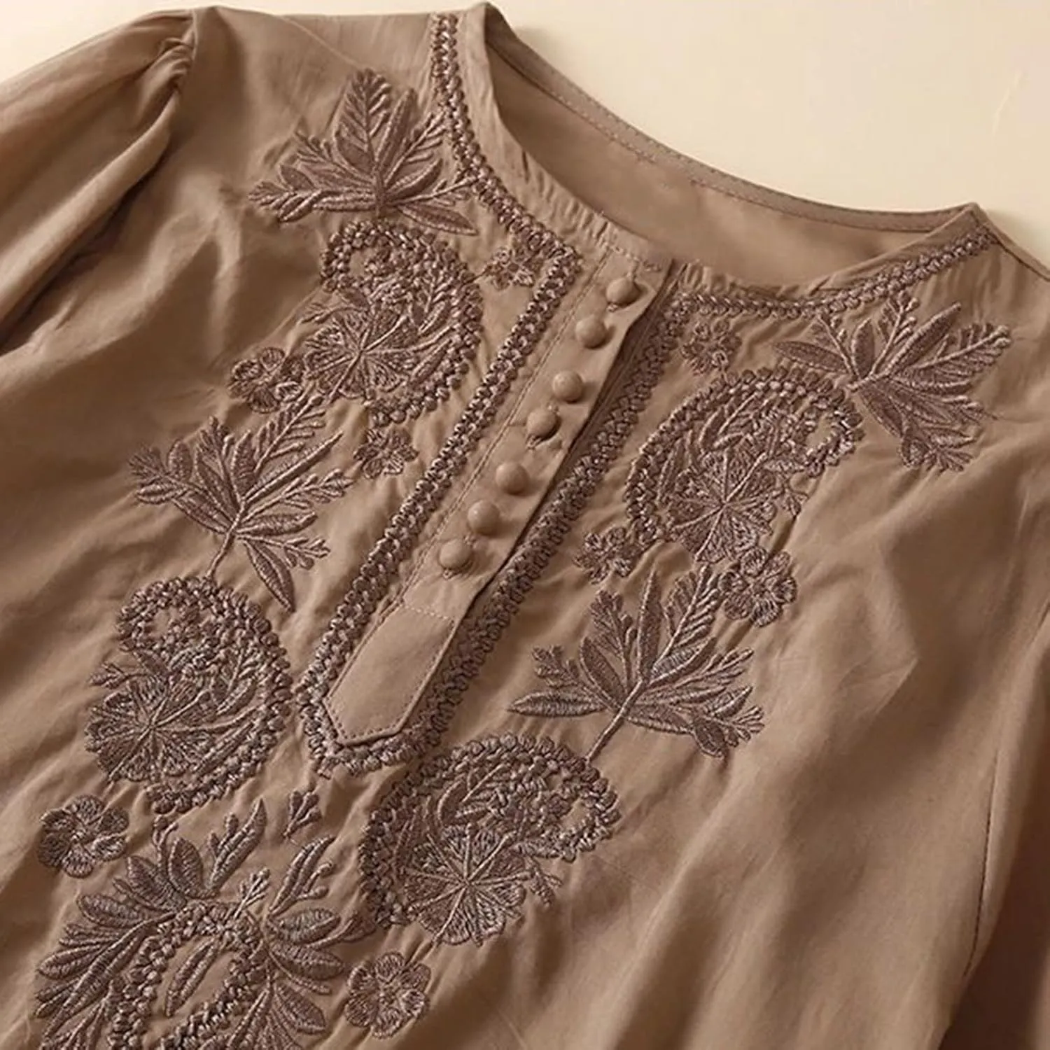 Women Cotton Linen Tops Vintage Floral Embroidered Shirts Summer Casual Long Sleeve V Neck Baggy Boho Peasant Blouse