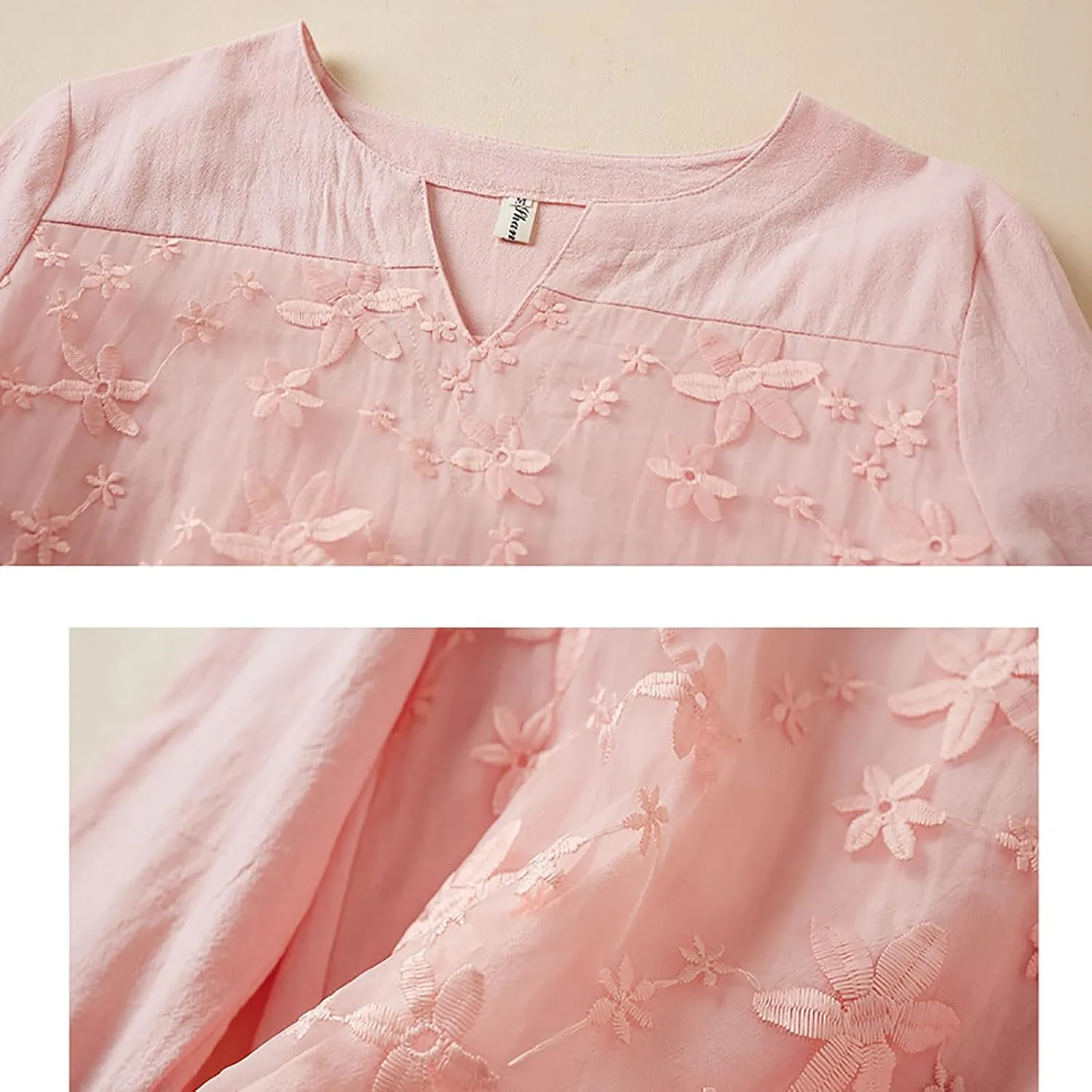 Women Cotton Linen Tops Vintage Floral Embroidered Shirts Summer Casual Long Sleeve V Neck Baggy Boho Peasant Blouse