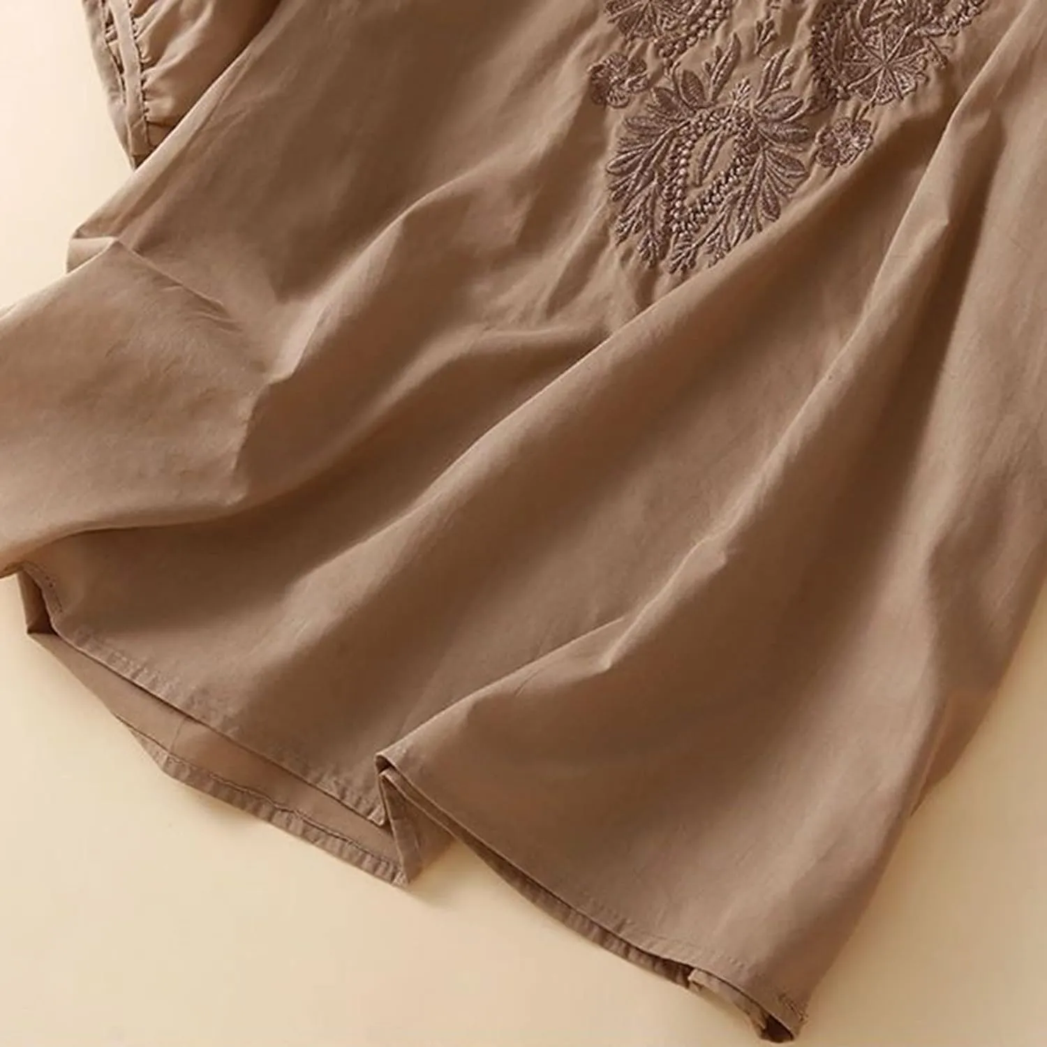 Women Cotton Linen Tops Vintage Floral Embroidered Shirts Summer Casual Long Sleeve V Neck Baggy Boho Peasant Blouse