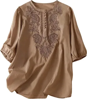 Women Cotton Linen Tops Vintage Floral Embroidered Shirts Summer Casual Long Sleeve V Neck Baggy Boho Peasant Blouse