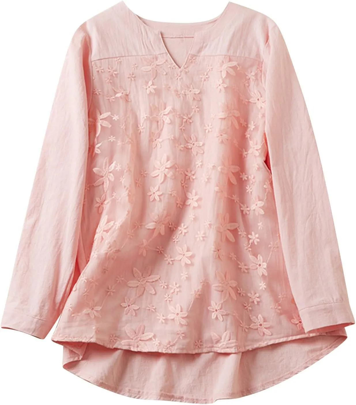 Women Cotton Linen Tops Vintage Floral Embroidered Shirts Summer Casual Long Sleeve V Neck Baggy Boho Peasant Blouse