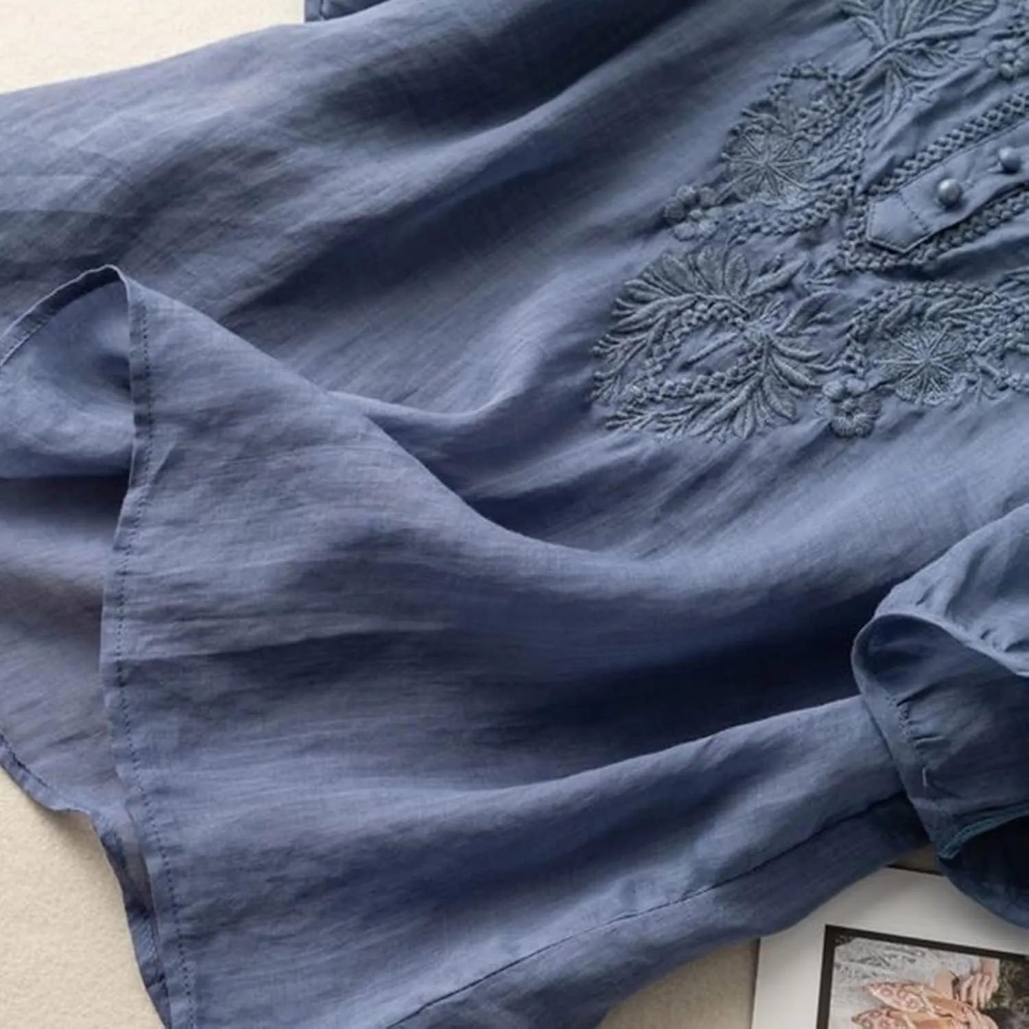 Women Cotton Linen Tops Vintage Floral Embroidered Shirts Summer Casual Long Sleeve V Neck Baggy Boho Peasant Blouse