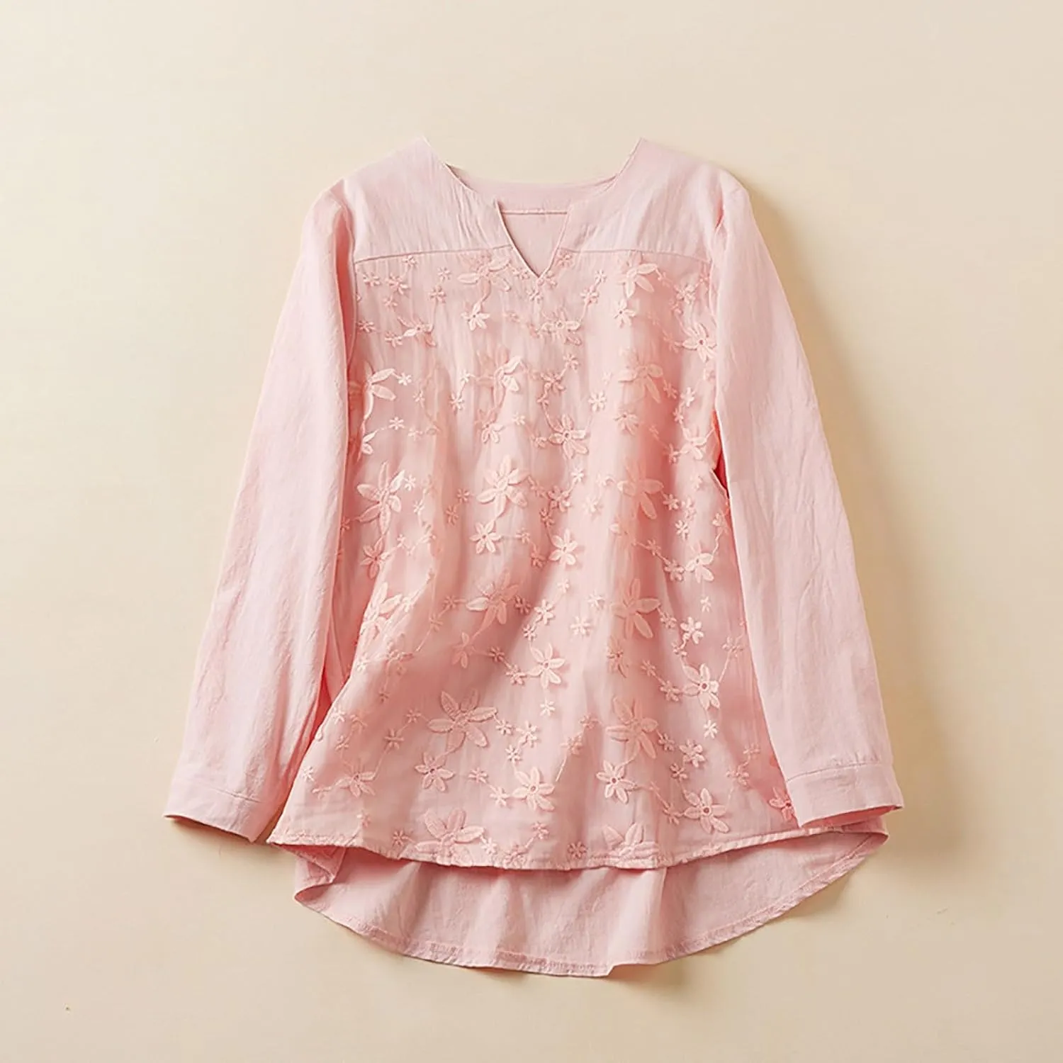 Women Cotton Linen Tops Vintage Floral Embroidered Shirts Summer Casual Long Sleeve V Neck Baggy Boho Peasant Blouse