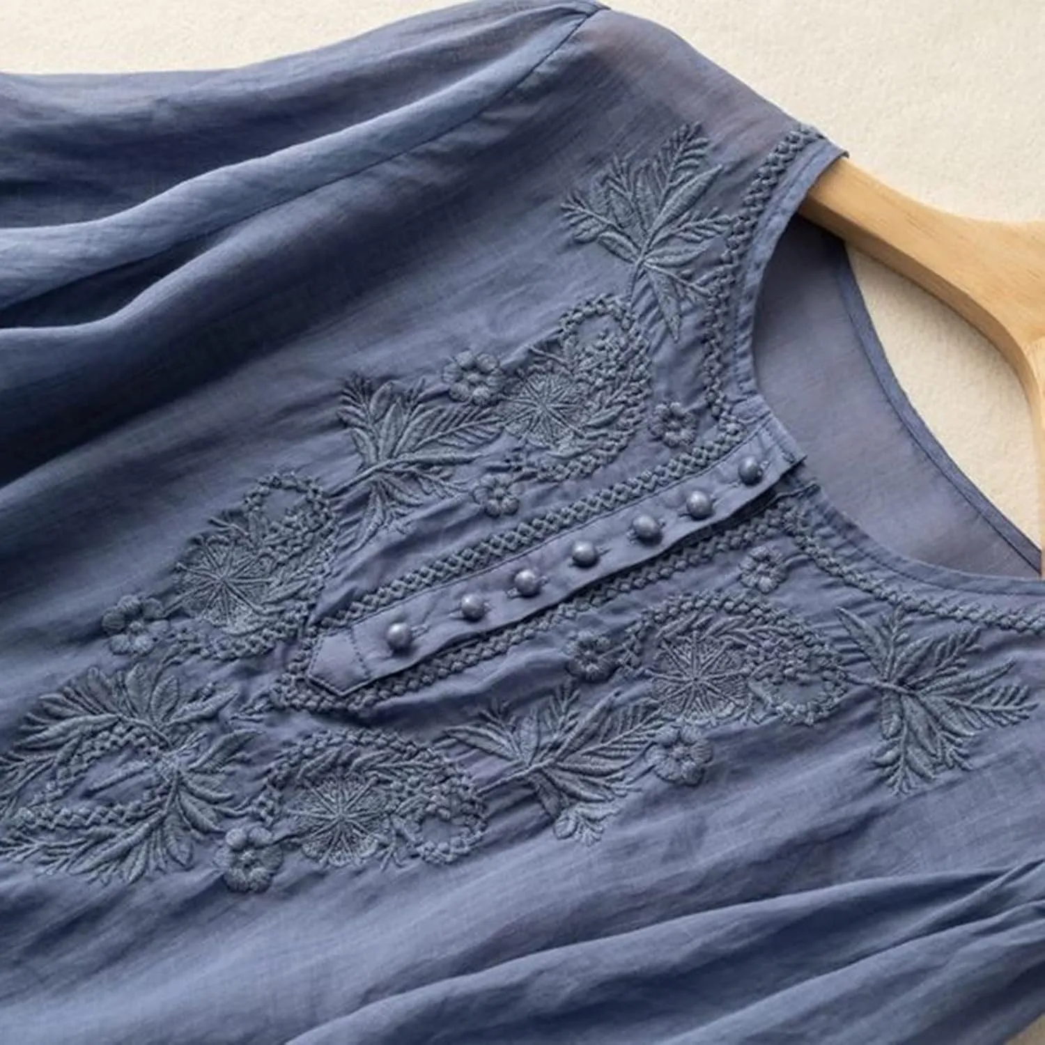 Women Cotton Linen Tops Vintage Floral Embroidered Shirts Summer Casual Long Sleeve V Neck Baggy Boho Peasant Blouse