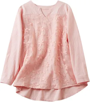Women Cotton Linen Tops Vintage Floral Embroidered Shirts Summer Casual Long Sleeve V Neck Baggy Boho Peasant Blouse
