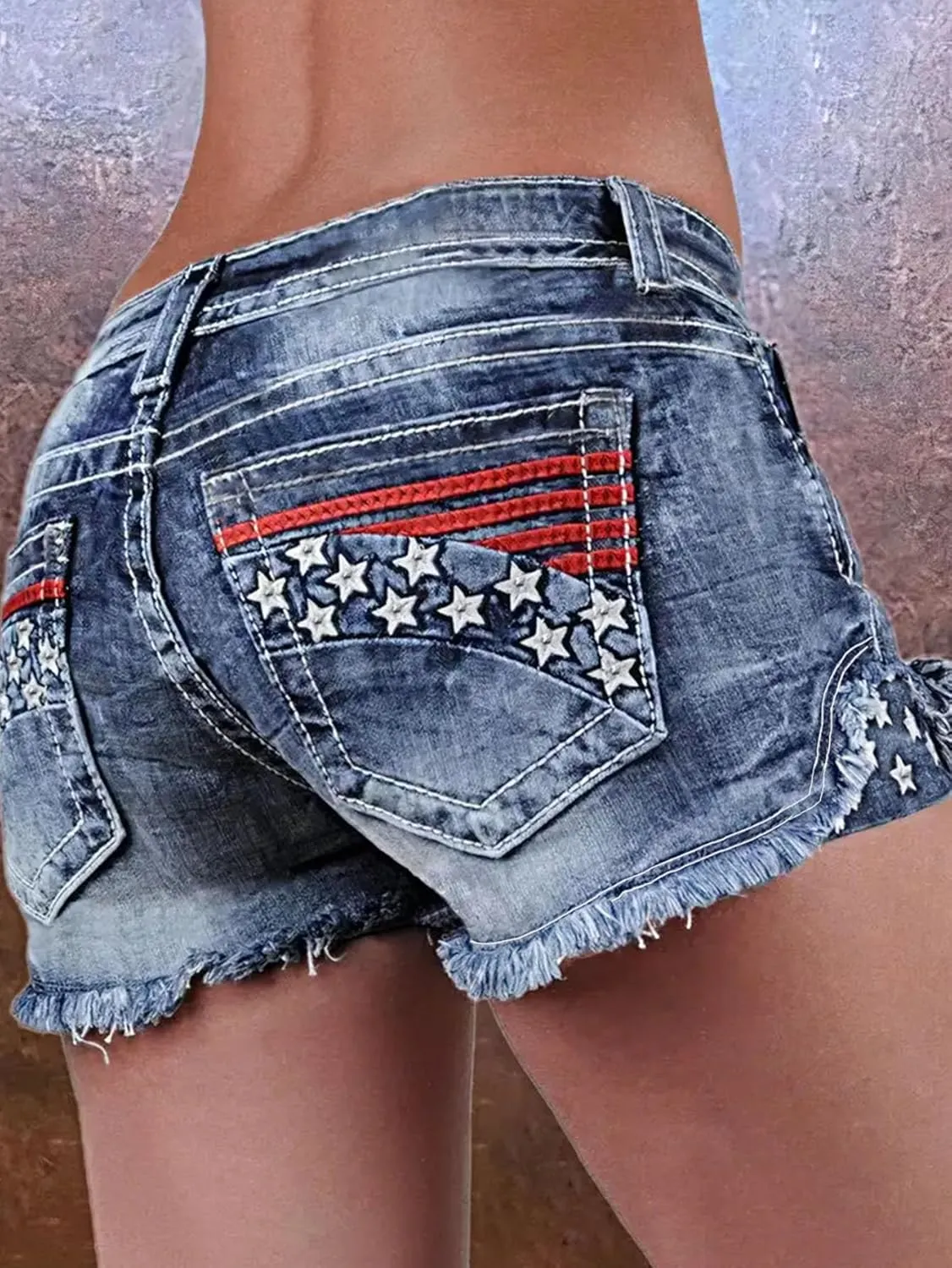 Women Ripped Jean Shorts American Flag High Waisted Distressed Frayed Raw Hem Denim Shorts 4Th of July Jean Shorts