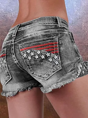 Women Ripped Jean Shorts American Flag High Waisted Distressed Frayed Raw Hem Denim Shorts 4Th of July Jean Shorts