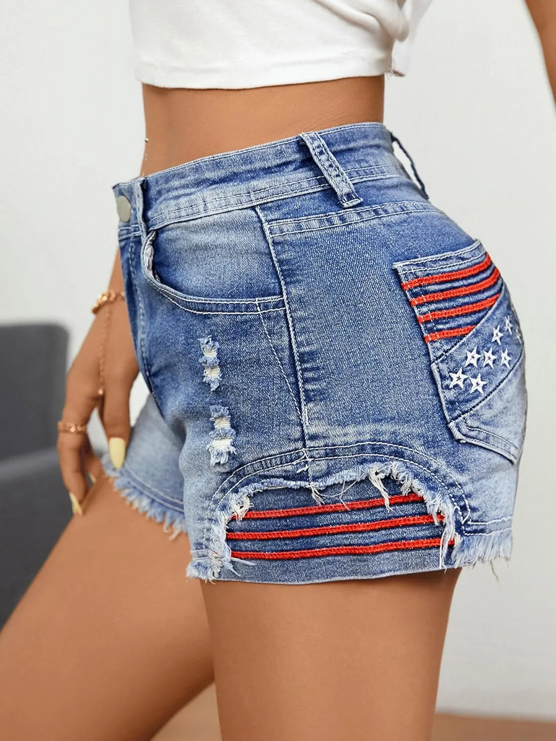 Women Ripped Jean Shorts American Flag High Waisted Distressed Frayed Raw Hem Denim Shorts 4Th of July Jean Shorts