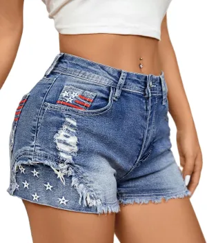 Women Ripped Jean Shorts American Flag High Waisted Distressed Frayed Raw Hem Denim Shorts 4Th of July Jean Shorts