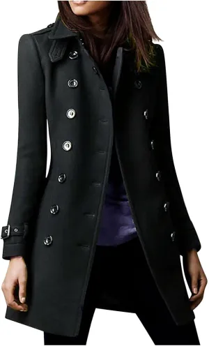 Women Trench Coat Winter Slim Outerwear Casual Classic Lapel Overcoats Elegant Double-Breasted Jackets