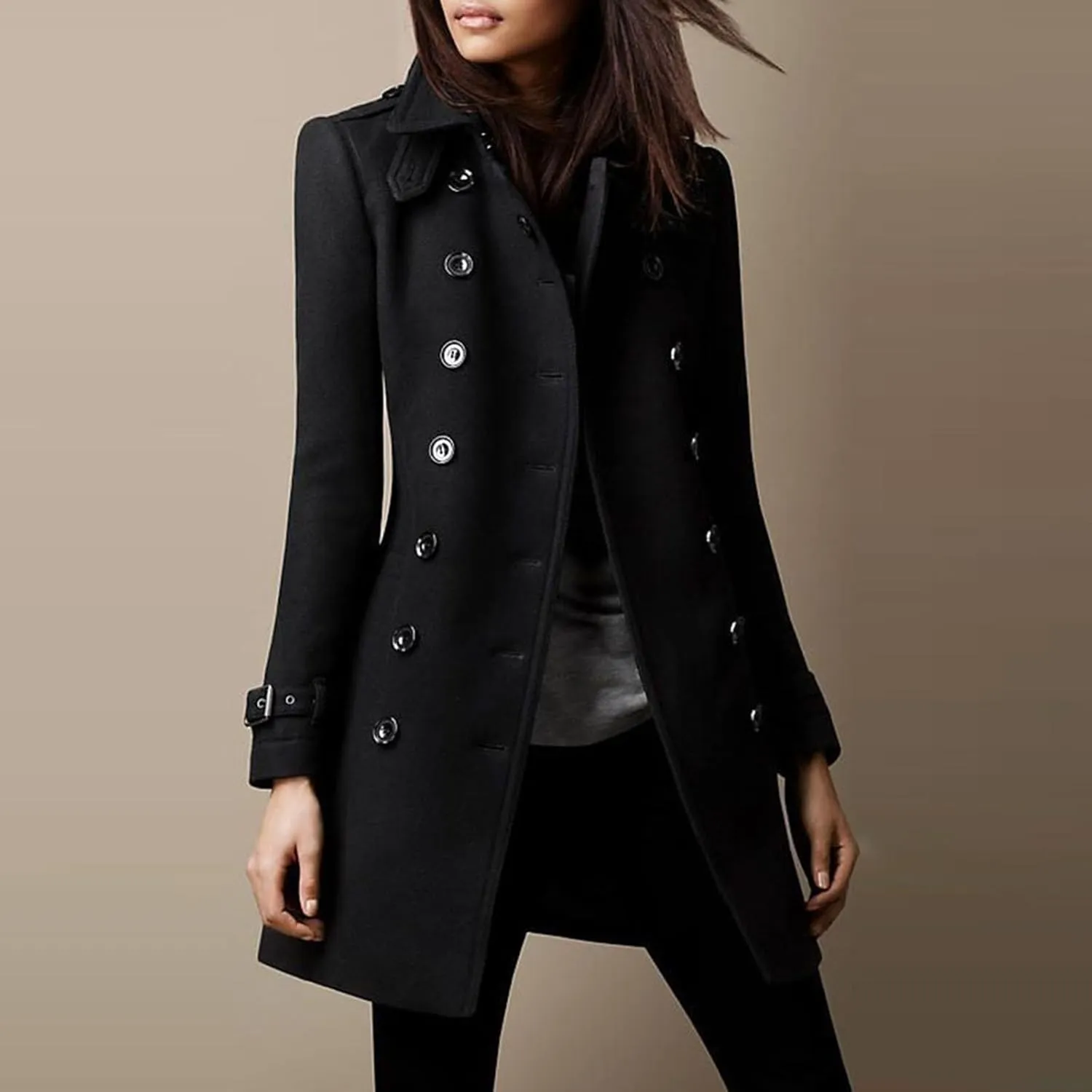 Women Trench Coat Winter Slim Outerwear Casual Classic Lapel Overcoats Elegant Double-Breasted Jackets