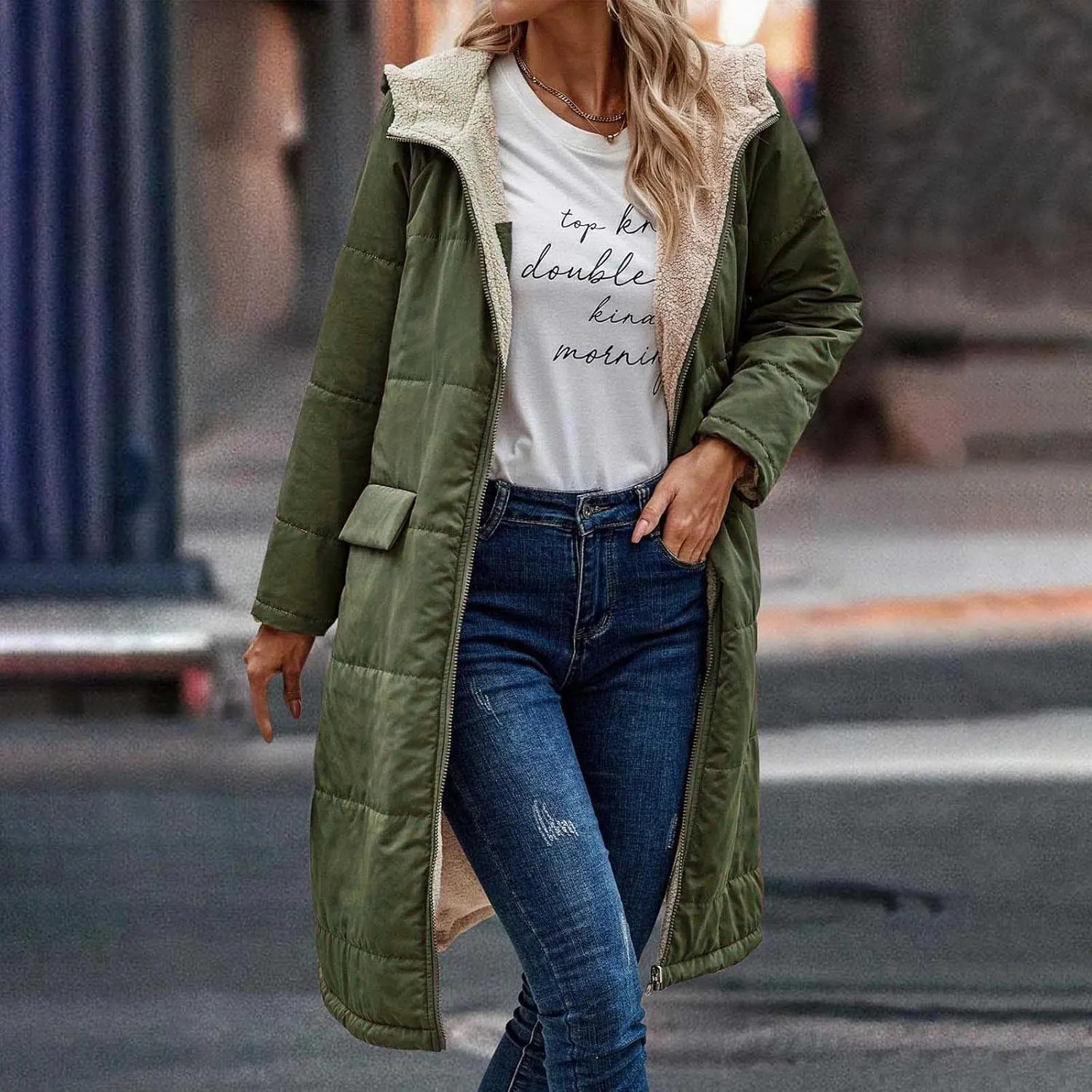 Women Winter Long Coats Trendy Zip Puffer Jacket Sherpa Fleece Lined Down Coat Long Sleeve Oversized with Hood