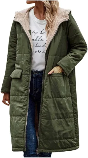 Women Winter Long Coats Trendy Zip Puffer Jacket Sherpa Fleece Lined Down Coat Long Sleeve Oversized with Hood