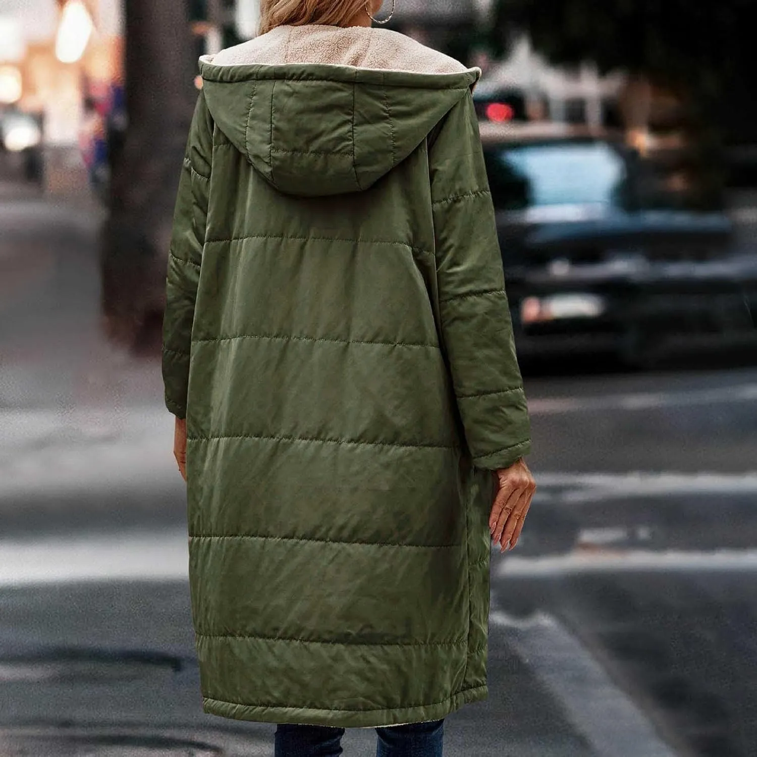 Women Winter Long Coats Trendy Zip Puffer Jacket Sherpa Fleece Lined Down Coat Long Sleeve Oversized with Hood