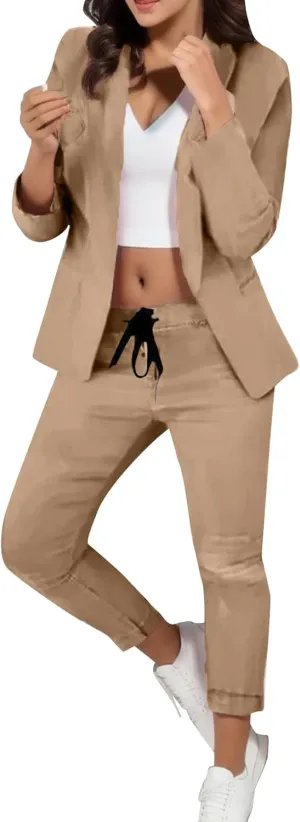 Womens Business Casual Blazers Set Fashion Solid Long Sleeve Lapel Work Suit Jacket Slim Fit Petite Blazer with Pocket