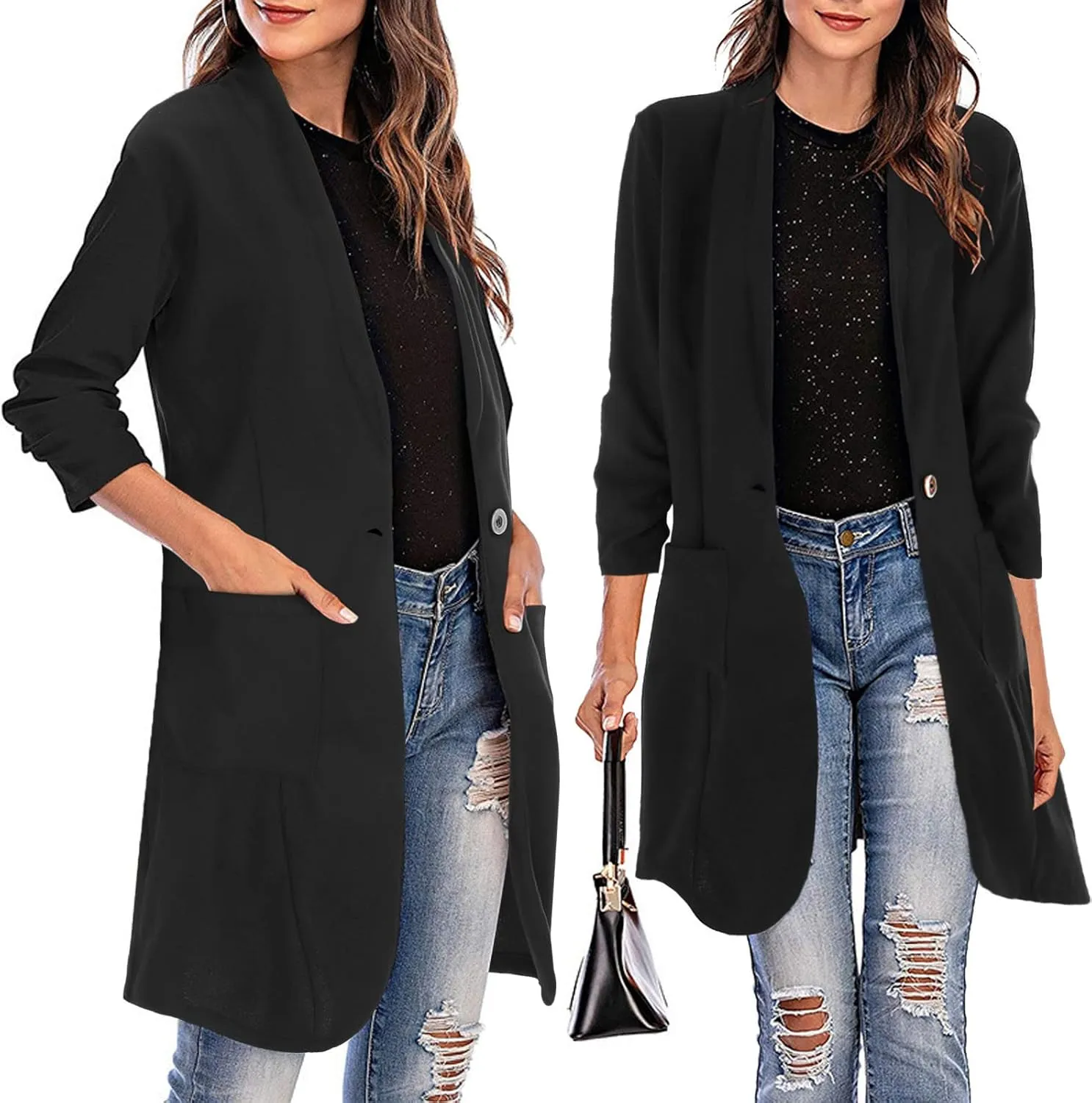 Womens Casual Blazer 2024 Winter Warm Long Cardigan Jacket Business Work Suit Jackets Elegant Slim Overcoat with Pocket