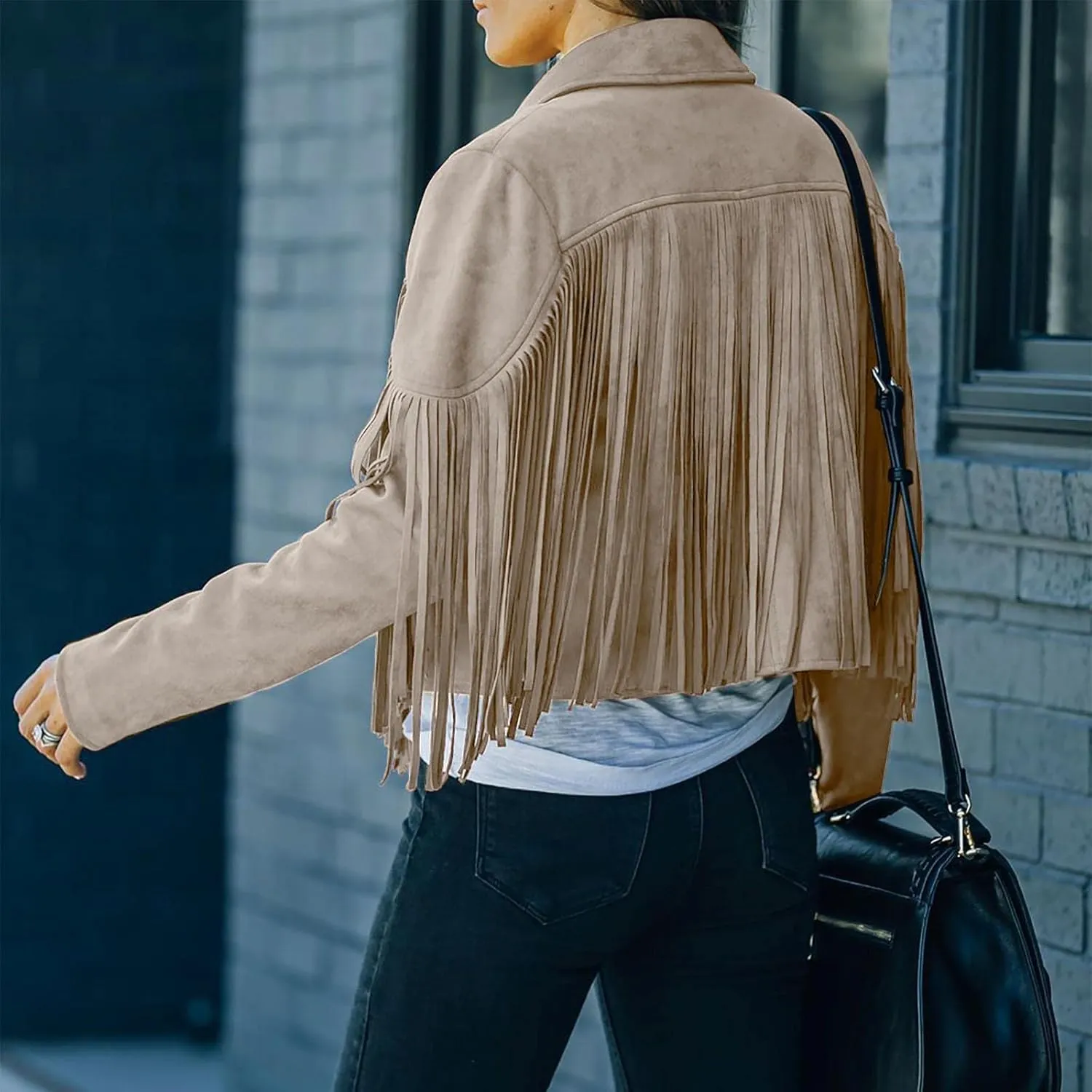 Womens Casual Short Jacket Lapel Long Sleeve Tassel Suedette Plain Moto Biker Coat Cardigan Blazers Fringe Cold Girl Fall