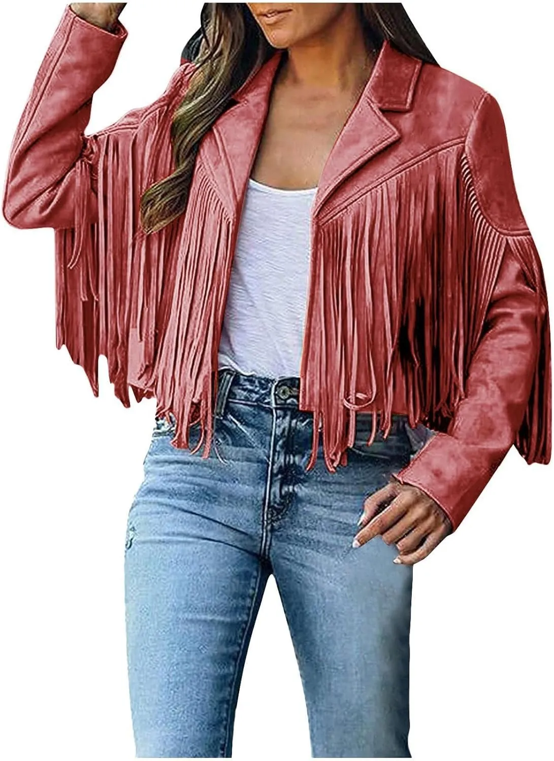 Womens Casual Short Jacket Lapel Long Sleeve Tassel Suedette Plain Moto Biker Coat Cardigan Blazers Fringe Cold Girl Fall