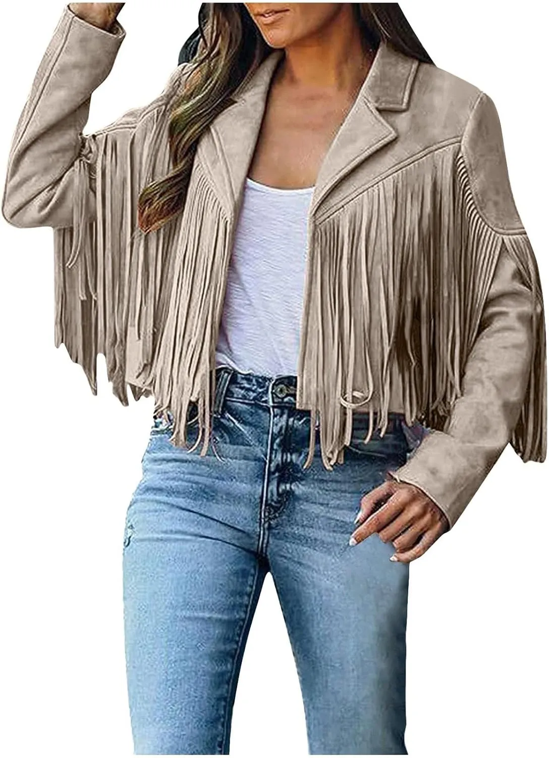 Womens Casual Short Jacket Lapel Long Sleeve Tassel Suedette Plain Moto Biker Coat Cardigan Blazers Fringe Cold Girl Fall