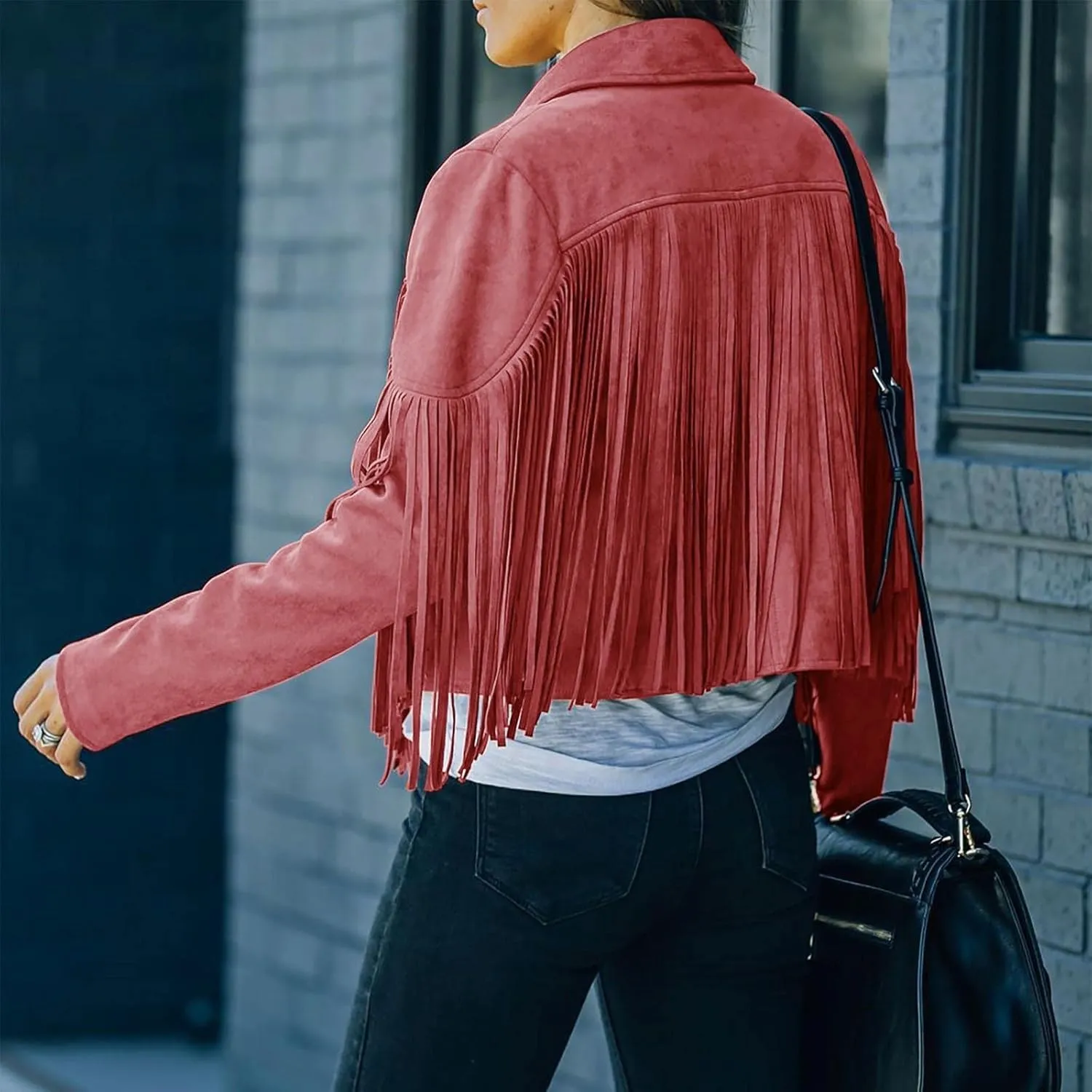 Womens Casual Short Jacket Lapel Long Sleeve Tassel Suedette Plain Moto Biker Coat Cardigan Blazers Fringe Cold Girl Fall