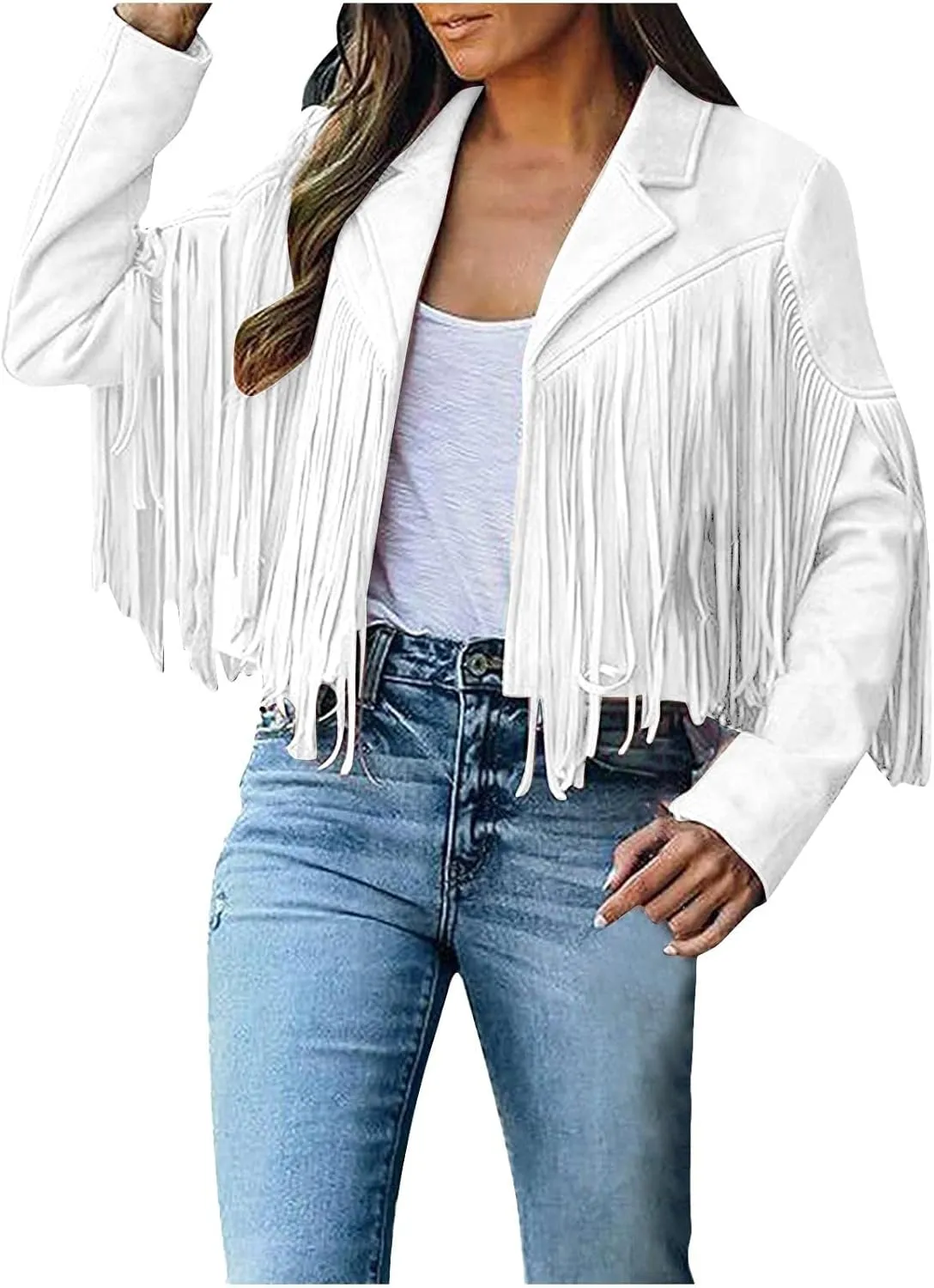 Womens Casual Short Jacket Lapel Long Sleeve Tassel Suedette Plain Moto Biker Coat Cardigan Blazers Fringe Cold Girl Fall