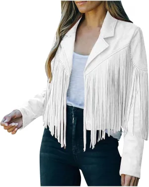 Womens Casual Short Jacket Lapel Long Sleeve Tassel Suedette Plain Moto Biker Coat Cardigan Blazers Fringe Cold Girl Fall