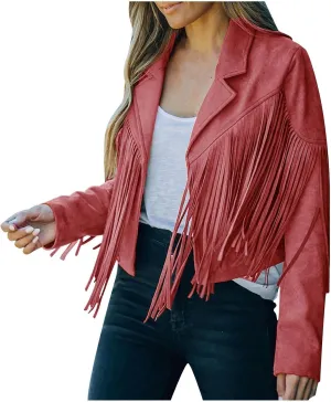 Womens Casual Short Jacket Lapel Long Sleeve Tassel Suedette Plain Moto Biker Coat Cardigan Blazers Fringe Cold Girl Fall