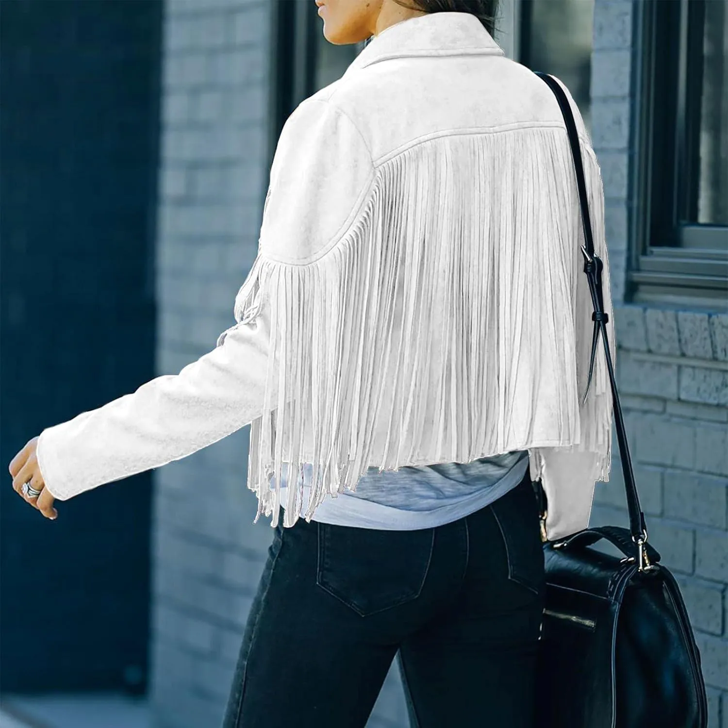 Womens Casual Short Jacket Lapel Long Sleeve Tassel Suedette Plain Moto Biker Coat Cardigan Blazers Fringe Cold Girl Fall
