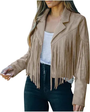 Womens Casual Short Jacket Lapel Long Sleeve Tassel Suedette Plain Moto Biker Coat Cardigan Blazers Fringe Cold Girl Fall