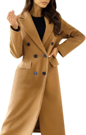 Women's Casual Thicken Wool Blend Lapel Long Sleeve Double Breasted Pea Coat Solid Color Slim Fit Winter Long Coat