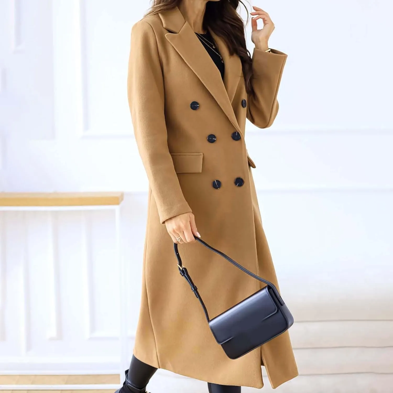 Women's Casual Thicken Wool Blend Lapel Long Sleeve Double Breasted Pea Coat Solid Color Slim Fit Winter Long Coat