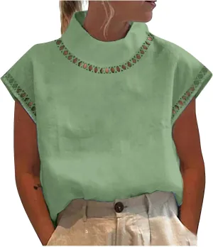 Women's Cotton Linen Tops Mock Turtleneck Summer T-Shirt Casual Hollow Out Cap Sleeve Shirts Loose Solid Blouse