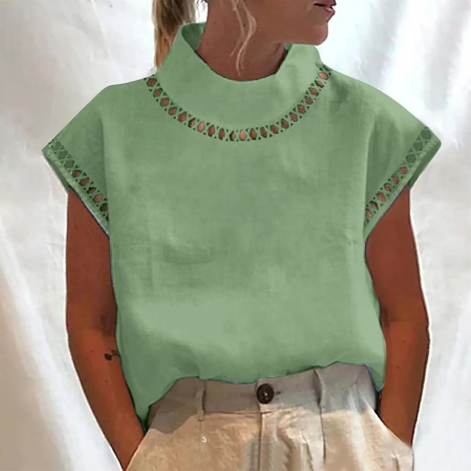 Women's Cotton Linen Tops Mock Turtleneck Summer T-Shirt Casual Hollow Out Cap Sleeve Shirts Loose Solid Blouse