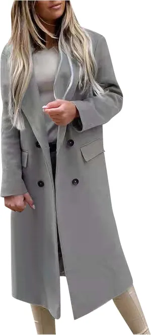 Women's Double Breasted Long Trench Coat Windproof Classic Lapel Slim Overcoat Business Casual Trench Coat Outwear