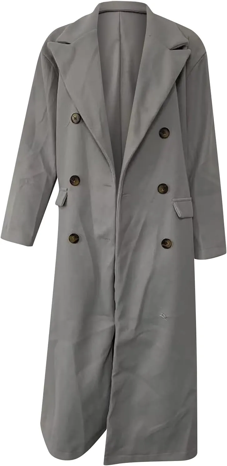 Women's Double Breasted Long Trench Coat Windproof Classic Lapel Slim Overcoat Business Casual Trench Coat Outwear