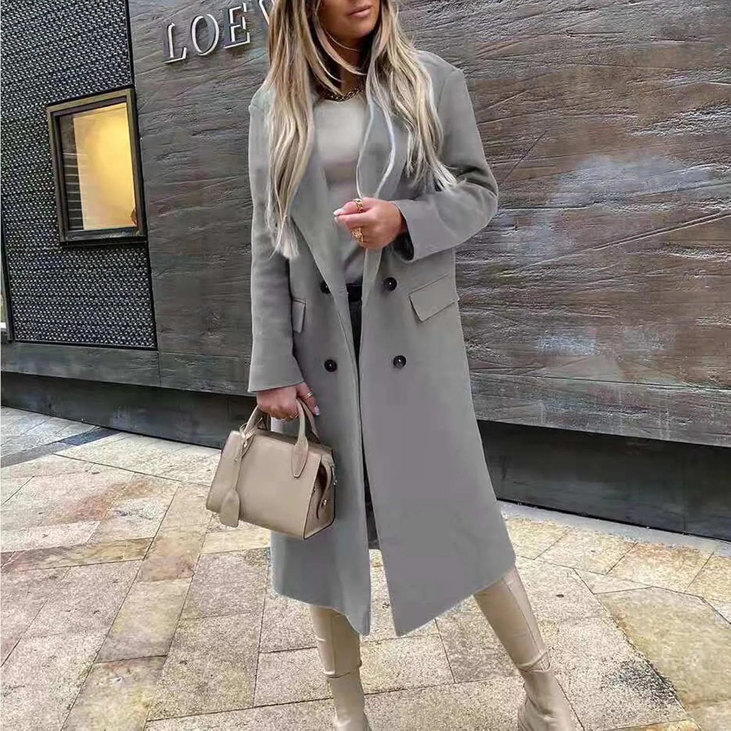 Women's Double Breasted Long Trench Coat Windproof Classic Lapel Slim Overcoat Business Casual Trench Coat Outwear