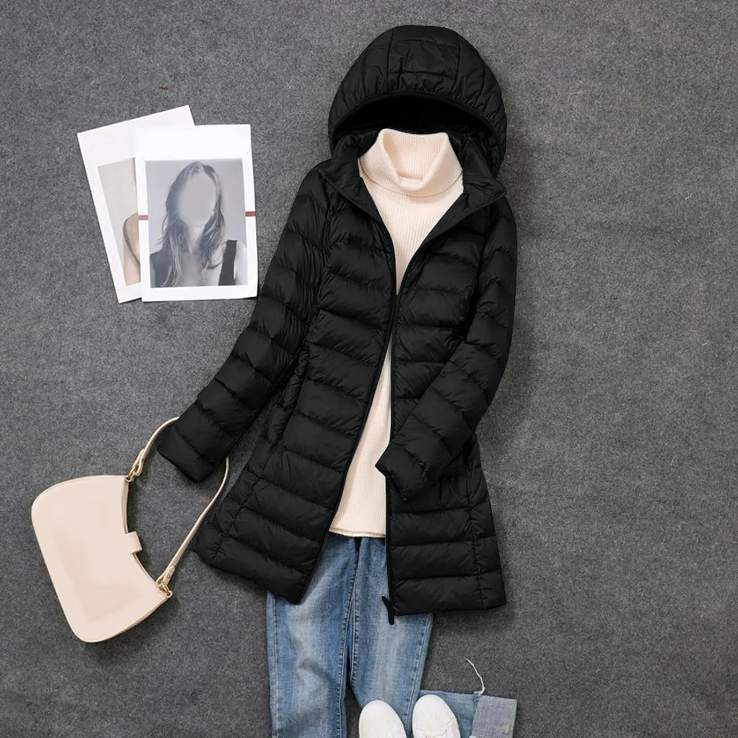 Women's Down Jacket Hooded Windproof Puffer Coat Packable Warm Winter Jacket Lightweight Ladies Parka Zipper Winter Autumn