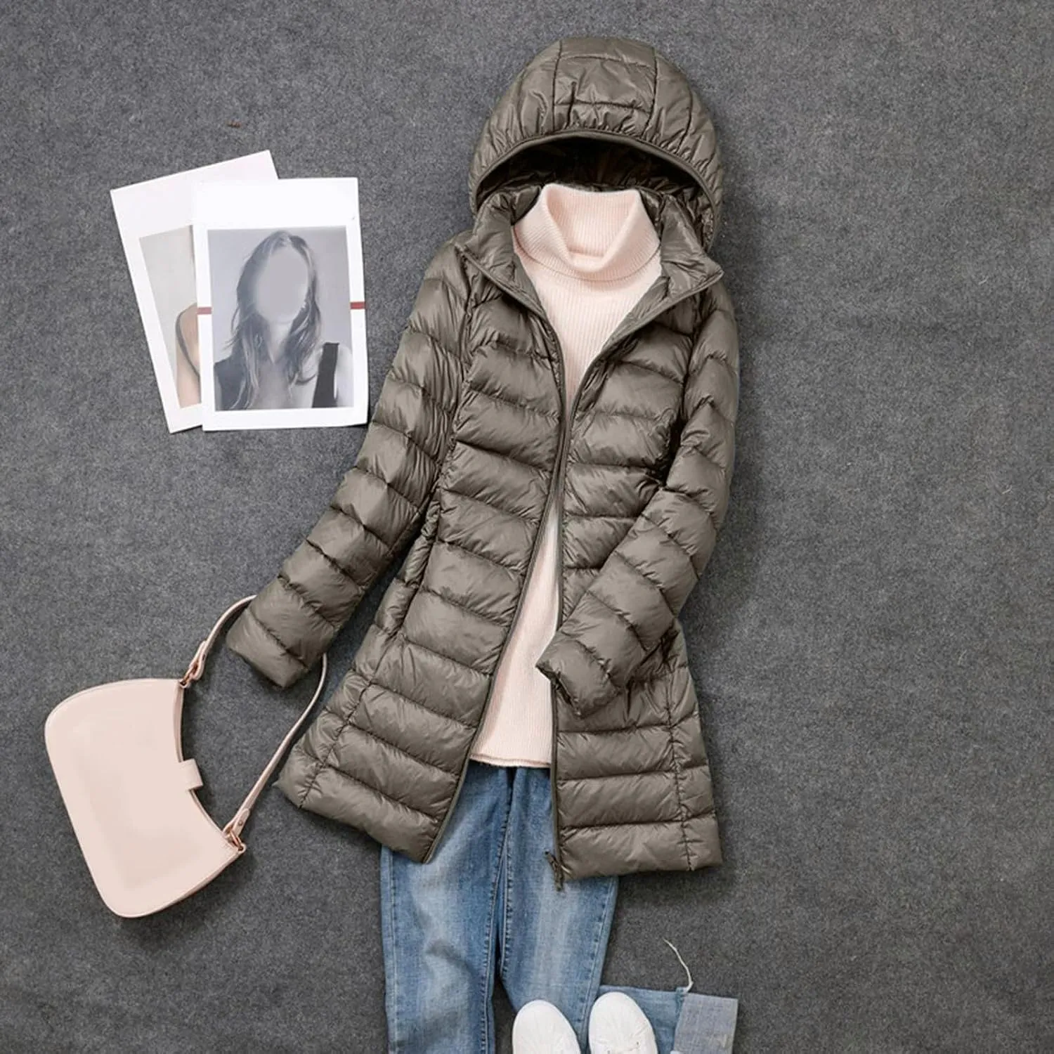 Women's Down Jacket Hooded Windproof Puffer Coat Packable Warm Winter Jacket Lightweight Ladies Parka Zipper Winter Autumn