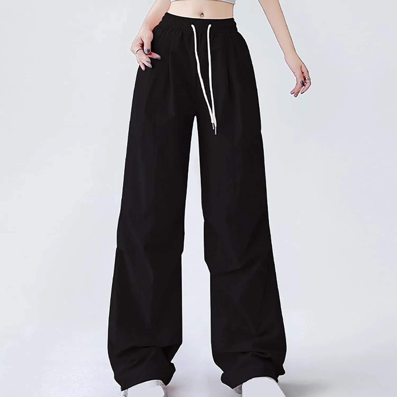 Womens Drawstring Elastic Waist Cargo Pant Solid Loose Straight Casual Wide-Leg Trouser Summer Fall Lightweight Pant