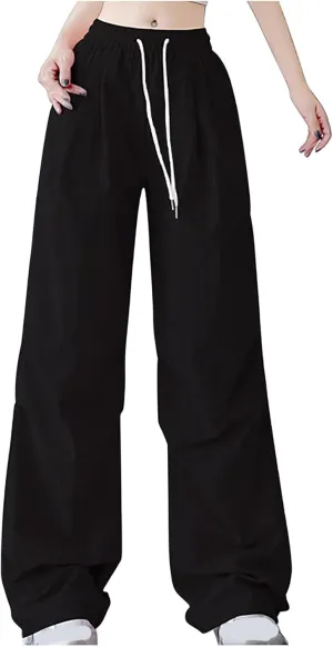 Womens Drawstring Elastic Waist Cargo Pant Solid Loose Straight Casual Wide-Leg Trouser Summer Fall Lightweight Pant