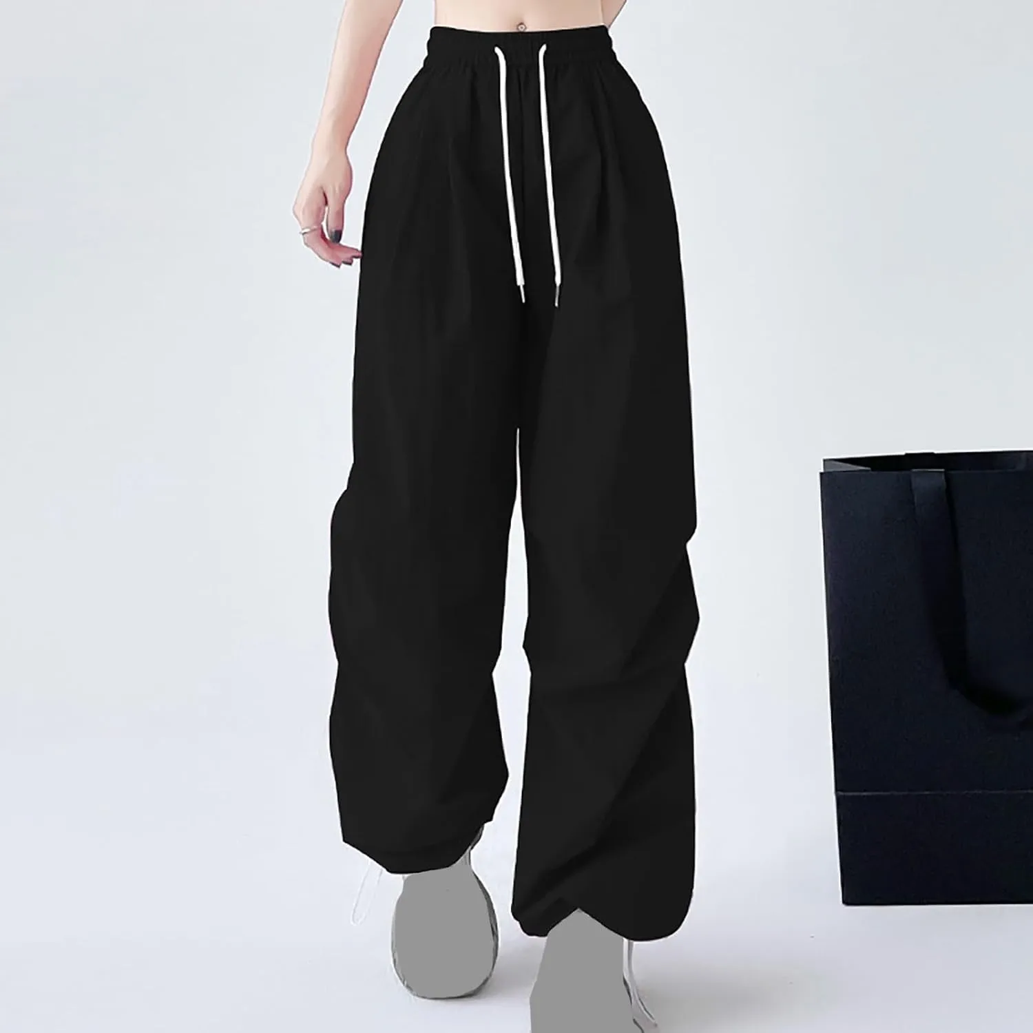 Womens Drawstring Elastic Waist Cargo Pant Solid Loose Straight Casual Wide-Leg Trouser Summer Fall Lightweight Pant