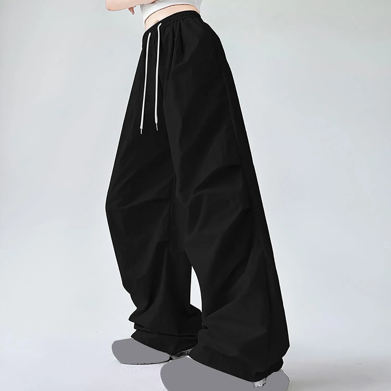 Womens Drawstring Elastic Waist Cargo Pant Solid Loose Straight Casual Wide-Leg Trouser Summer Fall Lightweight Pant