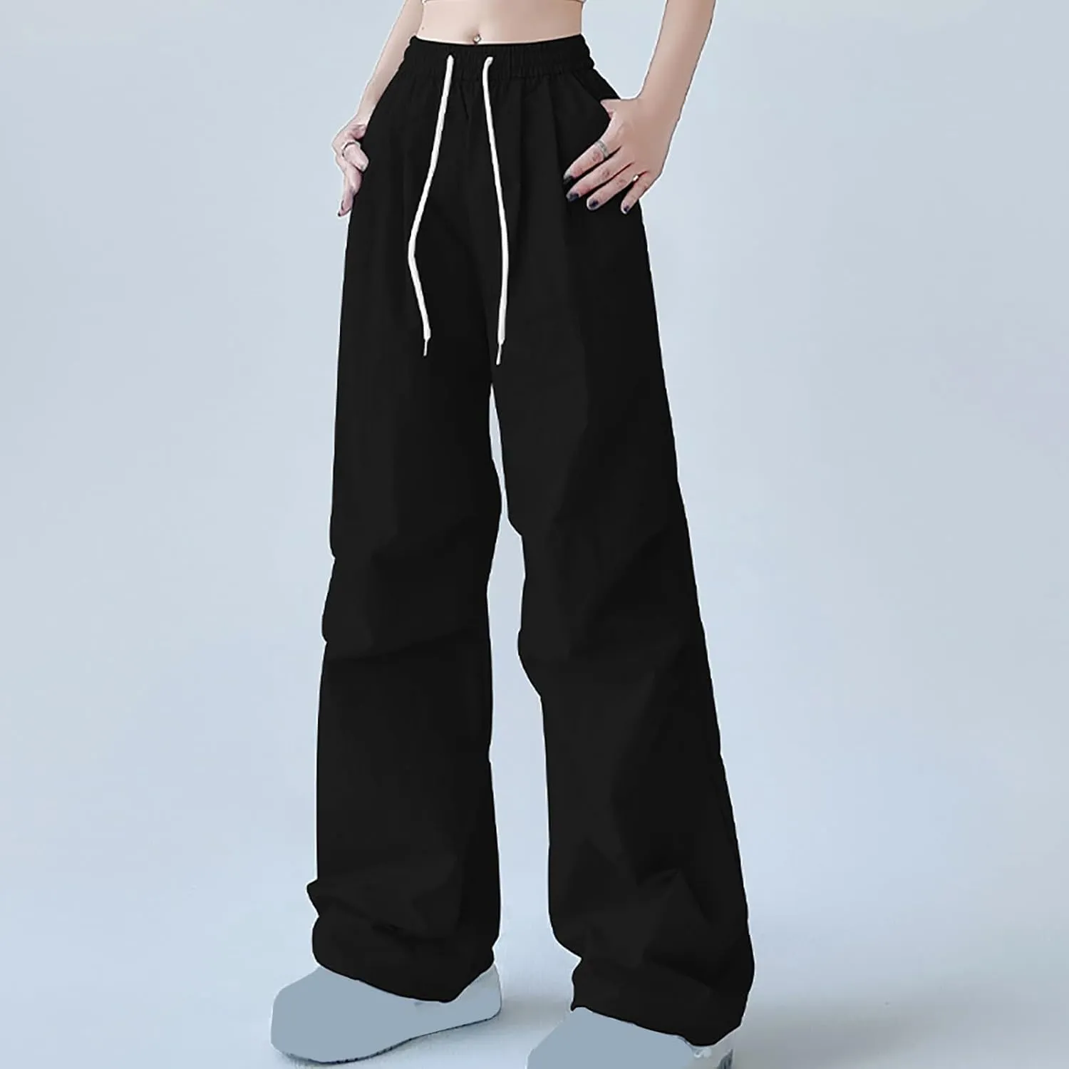 Womens Drawstring Elastic Waist Cargo Pant Solid Loose Straight Casual Wide-Leg Trouser Summer Fall Lightweight Pant