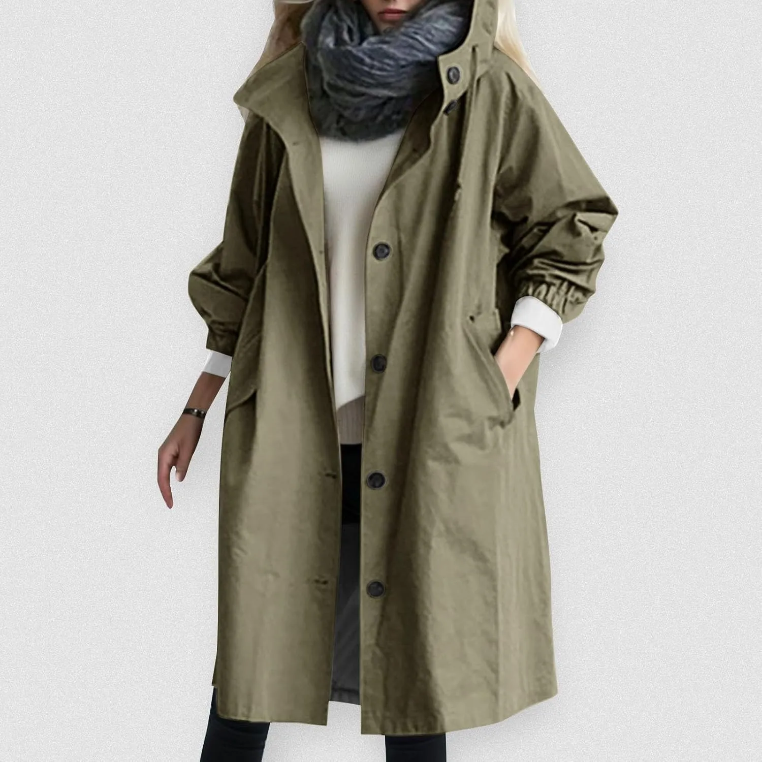 Women's Elegant Notched Collar Double Button Slim Long Wool Blend Pea Coat Jacket