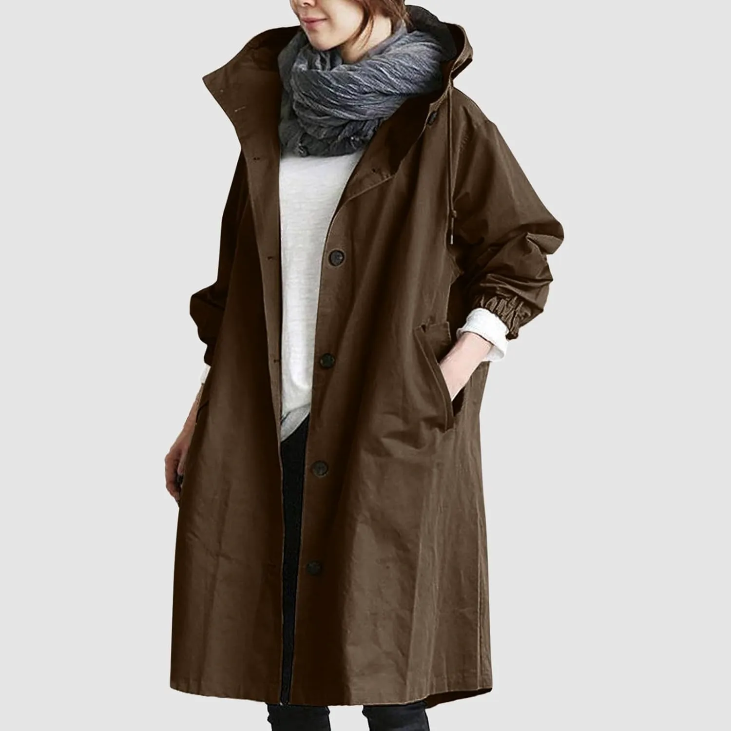Women's Elegant Notched Collar Double Button Slim Long Wool Blend Pea Coat Jacket