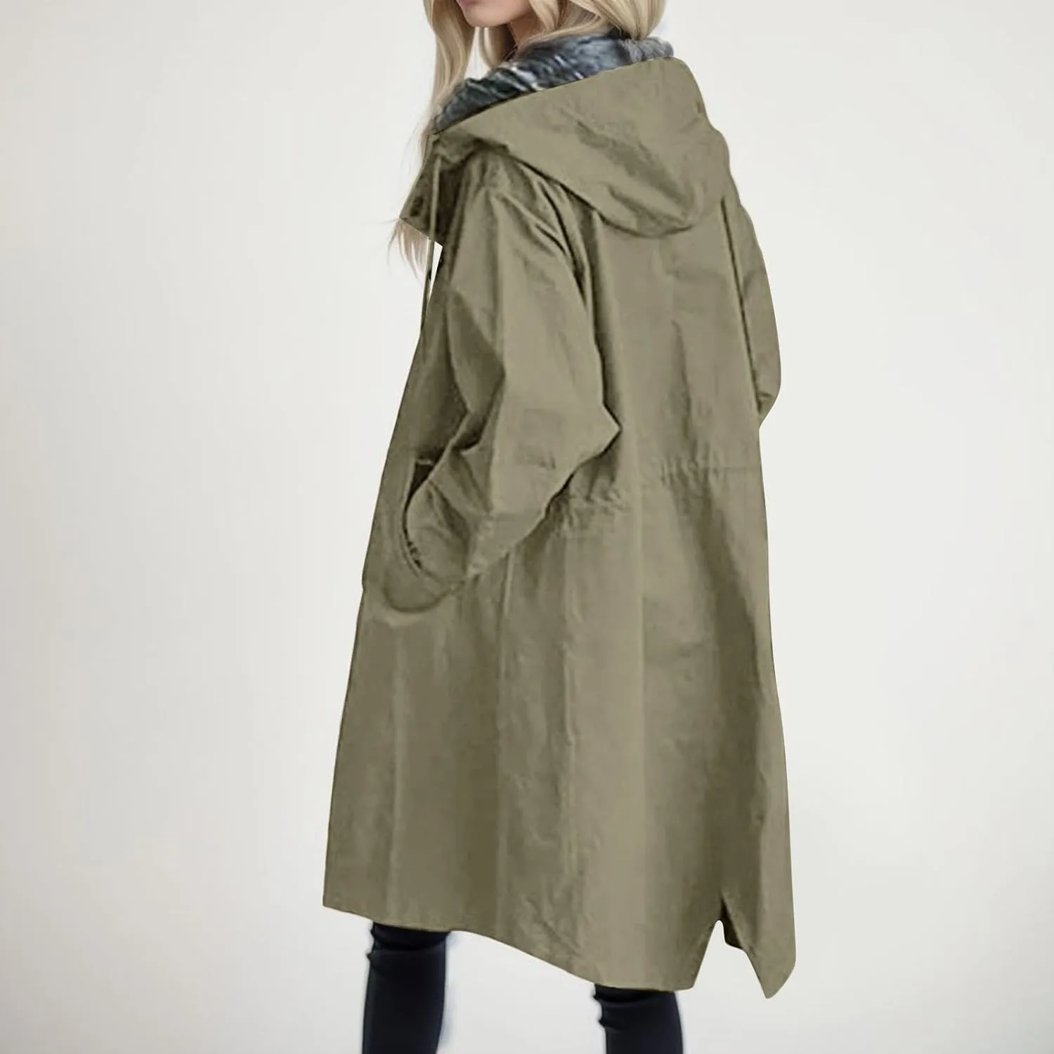 Women's Elegant Notched Collar Double Button Slim Long Wool Blend Pea Coat Jacket