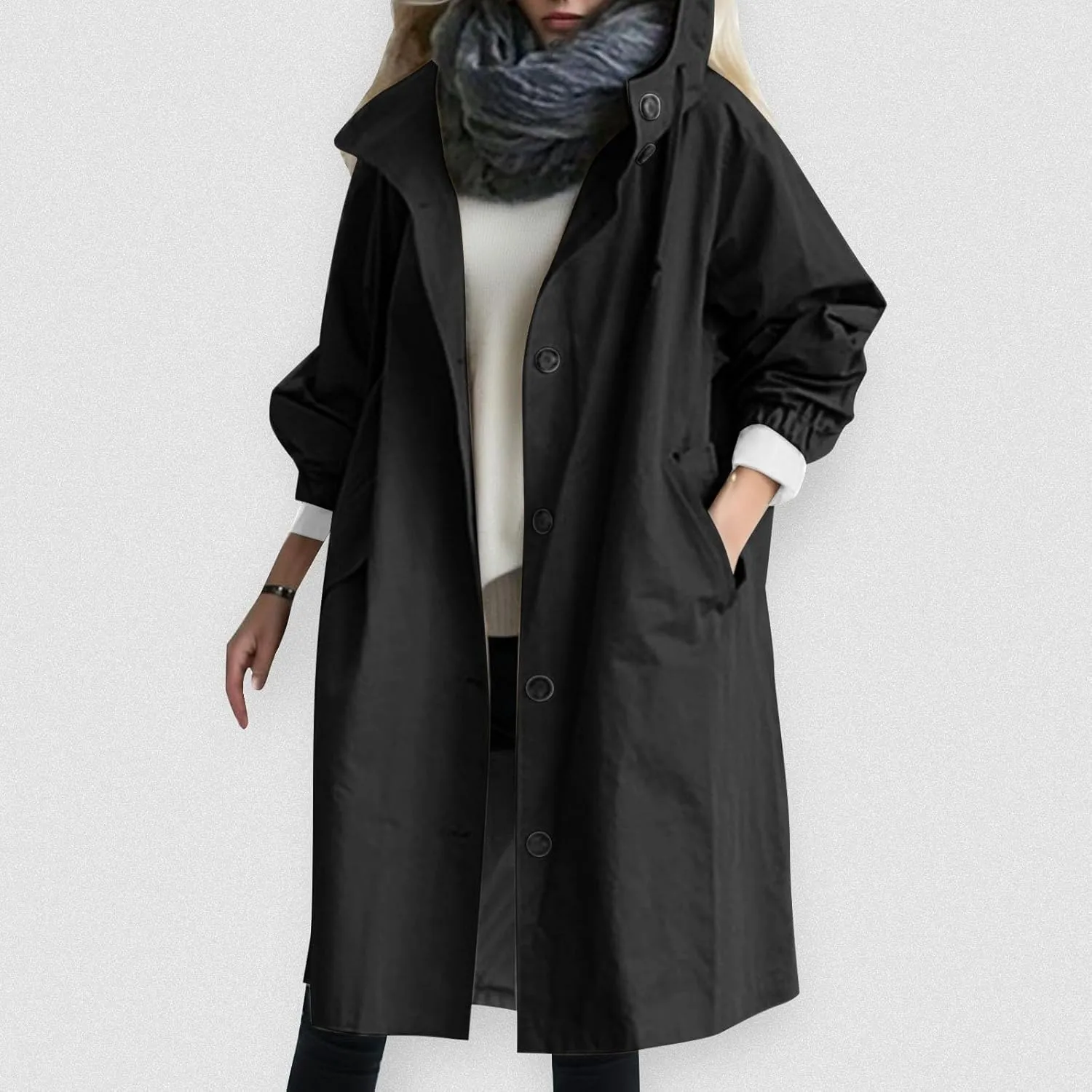 Women's Elegant Notched Collar Double Button Slim Long Wool Blend Pea Coat Jacket