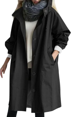 Women's Elegant Notched Collar Double Button Slim Long Wool Blend Pea Coat Jacket